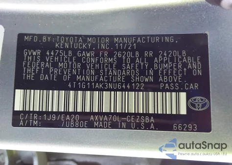 2022 Toyota Camry Se z USA, uszkodzony, nr VIN 4T1G11AK3NU644122